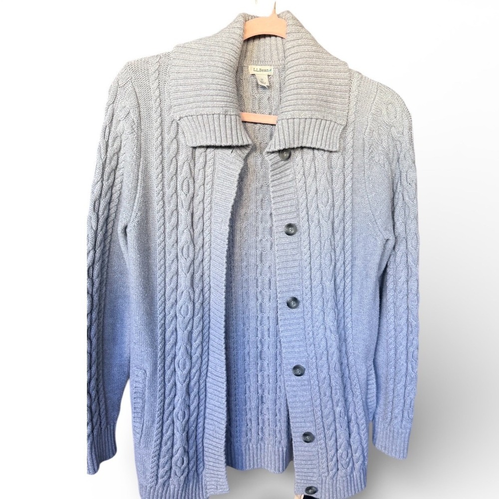 LL Bean Cable Knit Cardigan Women's Medium Gray Shawl Collar